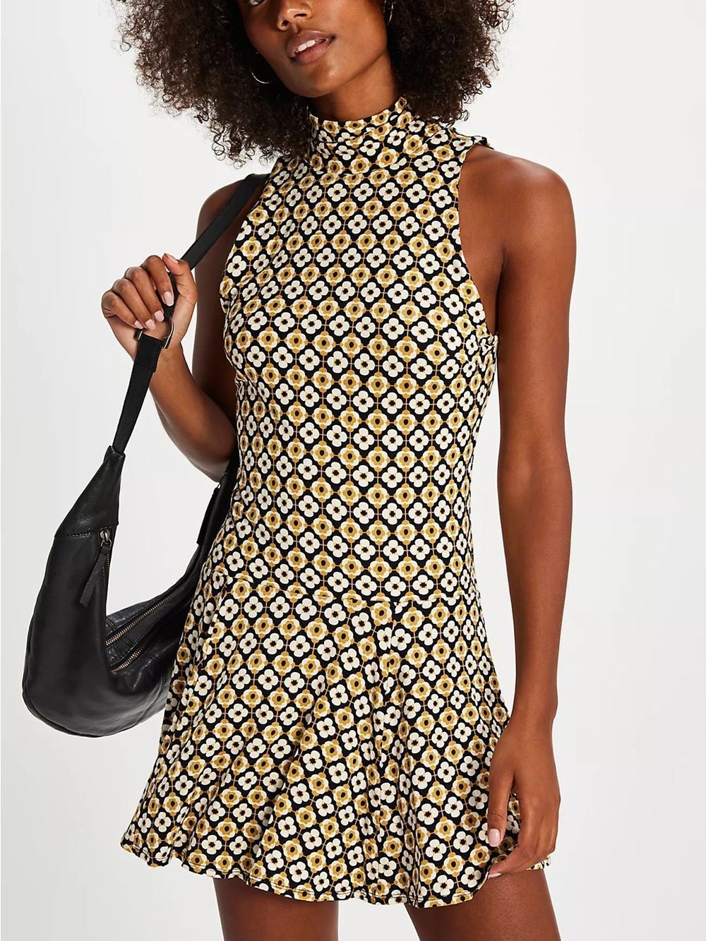 FREE PEOPLE Sleeveless High Neck Floral Maxi Dress - Black, Gold & White